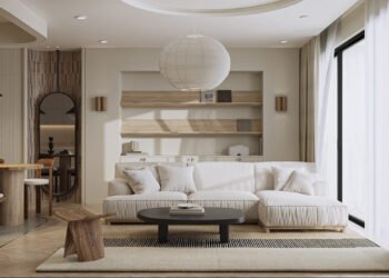 Interiores con detalles en madera con curvas y rejillas contrastantes