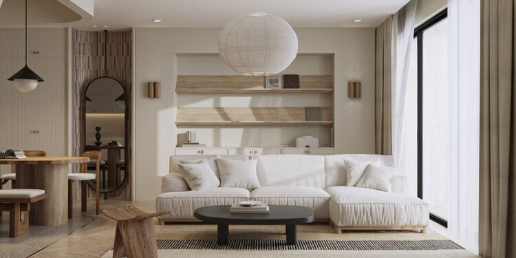 Interiores con detalles en madera con curvas y rejillas contrastantes