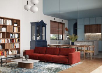 Interior ecléctico con una acogedora decoración en rojo, azul y amarillo.