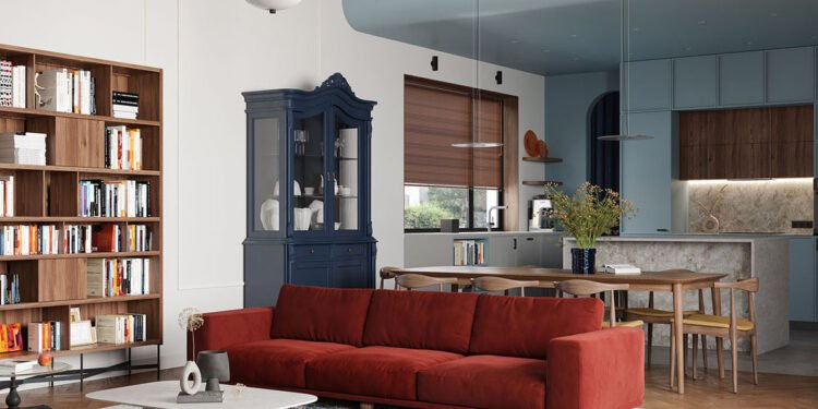 Interior ecléctico con una acogedora decoración en rojo, azul y amarillo.