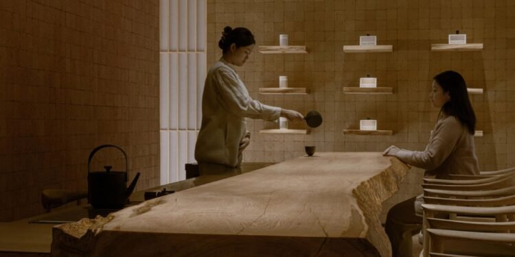 Ladrillos hechos con hojas de té revestidas en una casa de té de Beijing por Kooo Architects