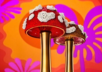 Botella de tequila con forma de hongo superior de los hermanos Haas con cuentas