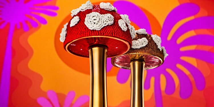 Botella de tequila con forma de hongo superior de los hermanos Haas con cuentas